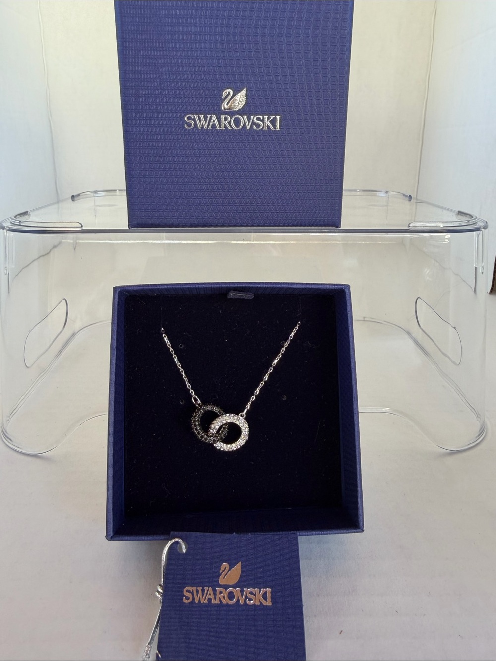 Swarovski Black and White Crystal Interlinked Ring Necklace NWT